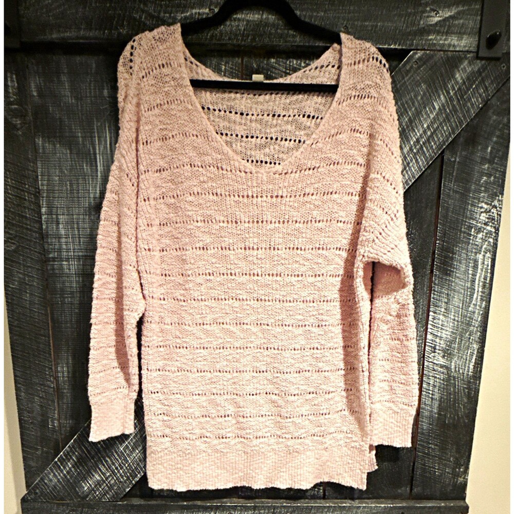 American Eagle Women's Pink Solid Open-Knit Scoop Neck 3/4 Sleeve Tunic S
